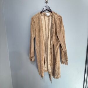Vintage Western Suede Leather Fringe Lace Up Boho Duster Jacket Coat Women's L